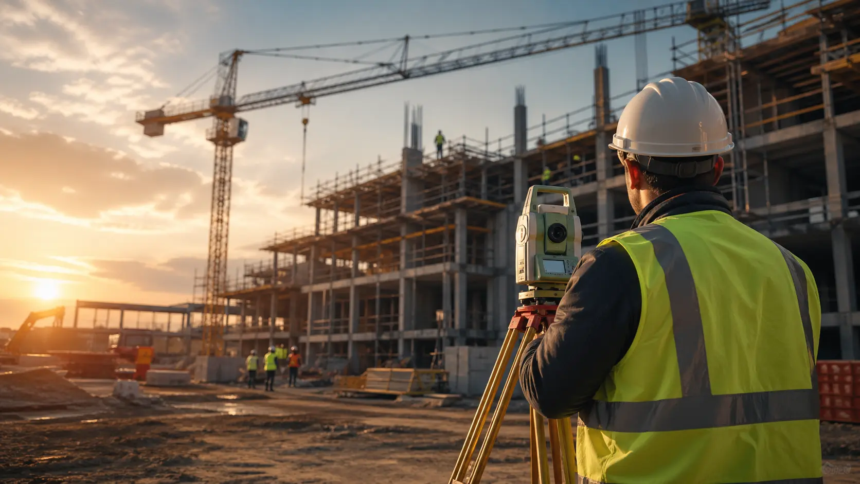 Edison Ramaj al lavoro su un cantiere con strumentazione topografica